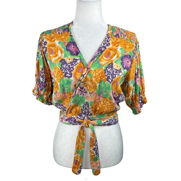 Faithfull the Brand Revolve La Colle Multi Purple Floral Wrap Crop Top 8 - Picture 1 of 11